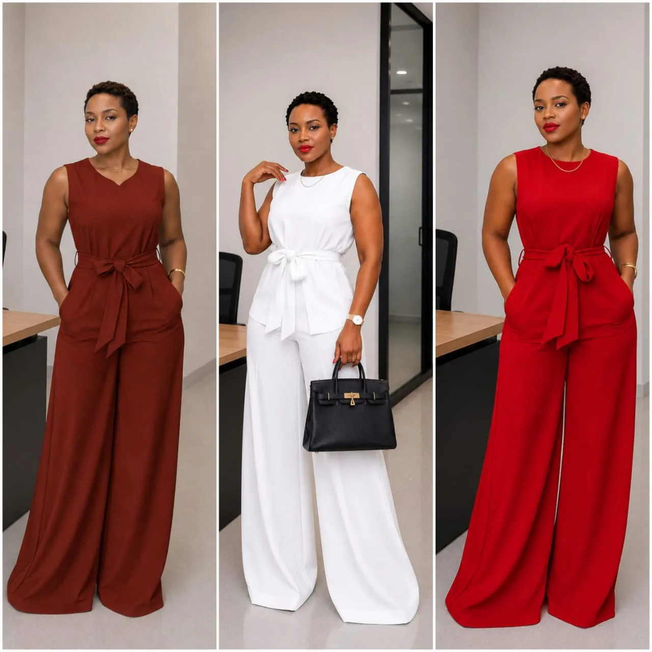 Belted sleeveless jumpsuits in rust, white and red