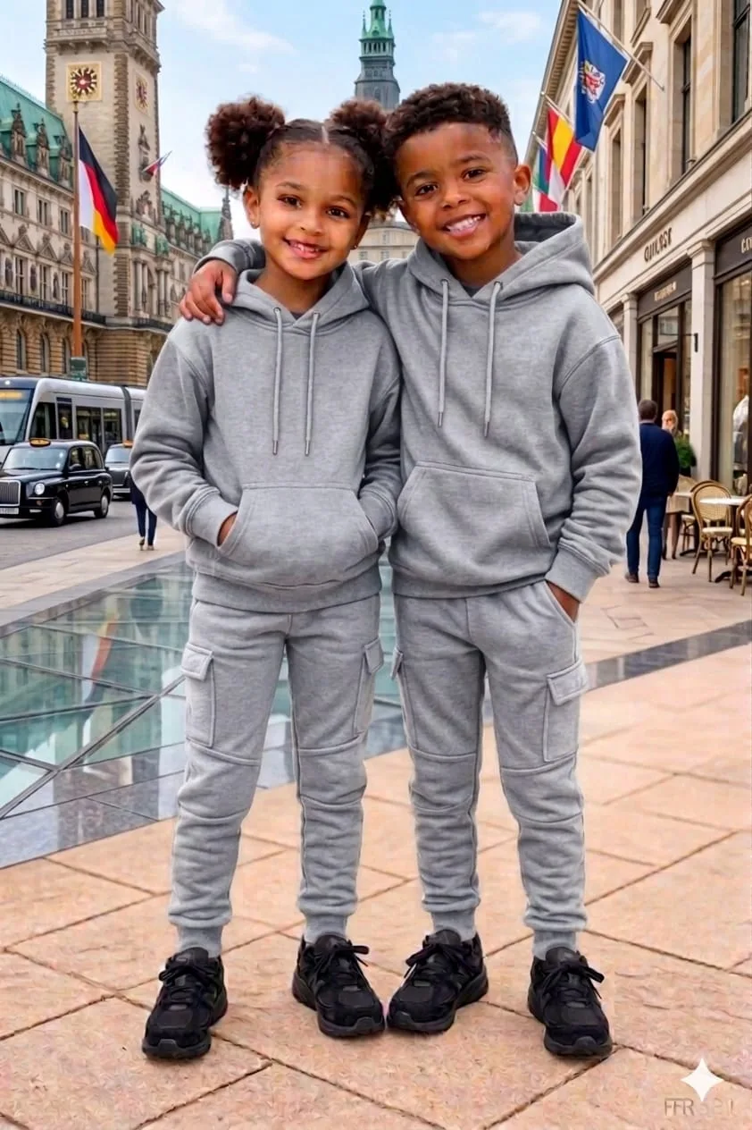 Children in grey fleece hoodie tracksuits