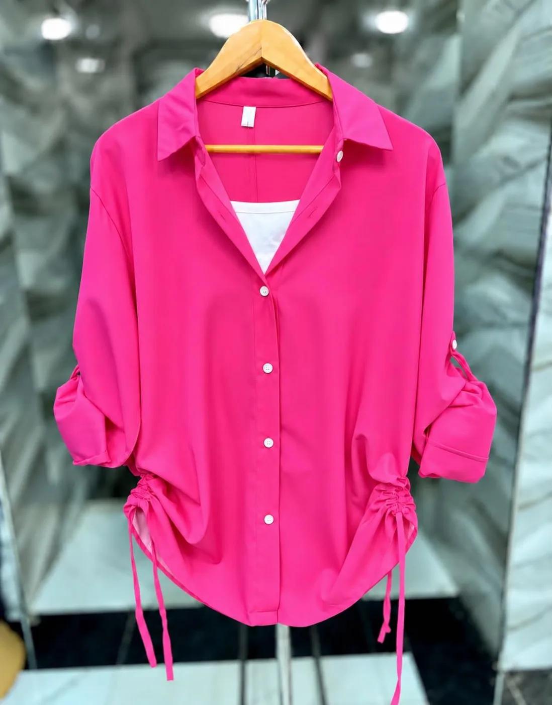 Ruched-Sleeve Button Blouse