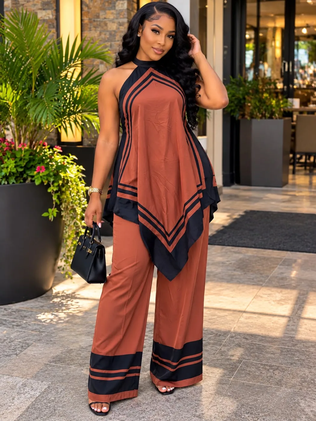 Rust scarf-print halter top and wide-leg trousers