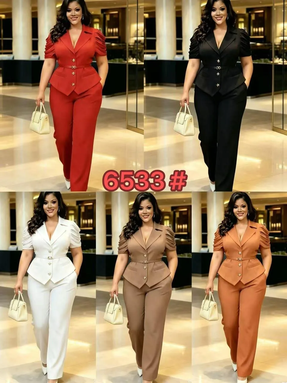 Short-sleeve shirt and trouser sets in red, black, white and brown