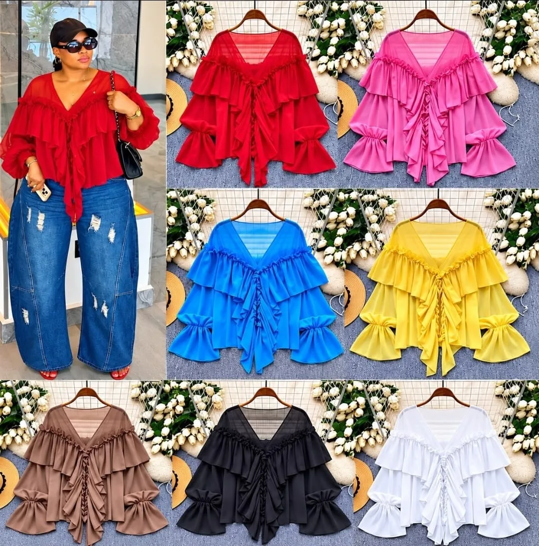 Tiered Ruffle Chiffon V-Neck Blouse