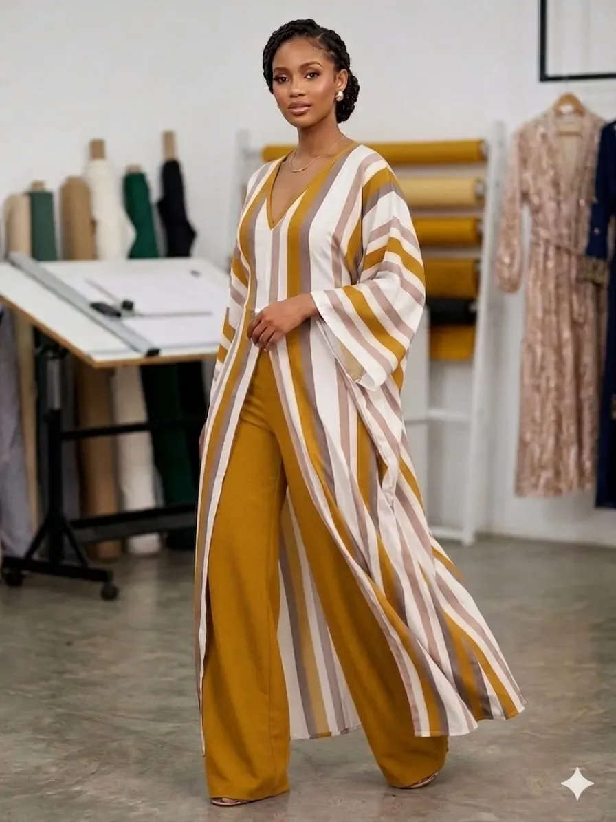 Striped Kaftan Kimono and Wide-Leg Trouser Set