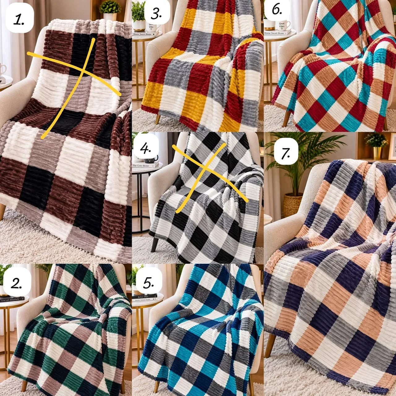 Checked fleece throw blankets in assorted colours