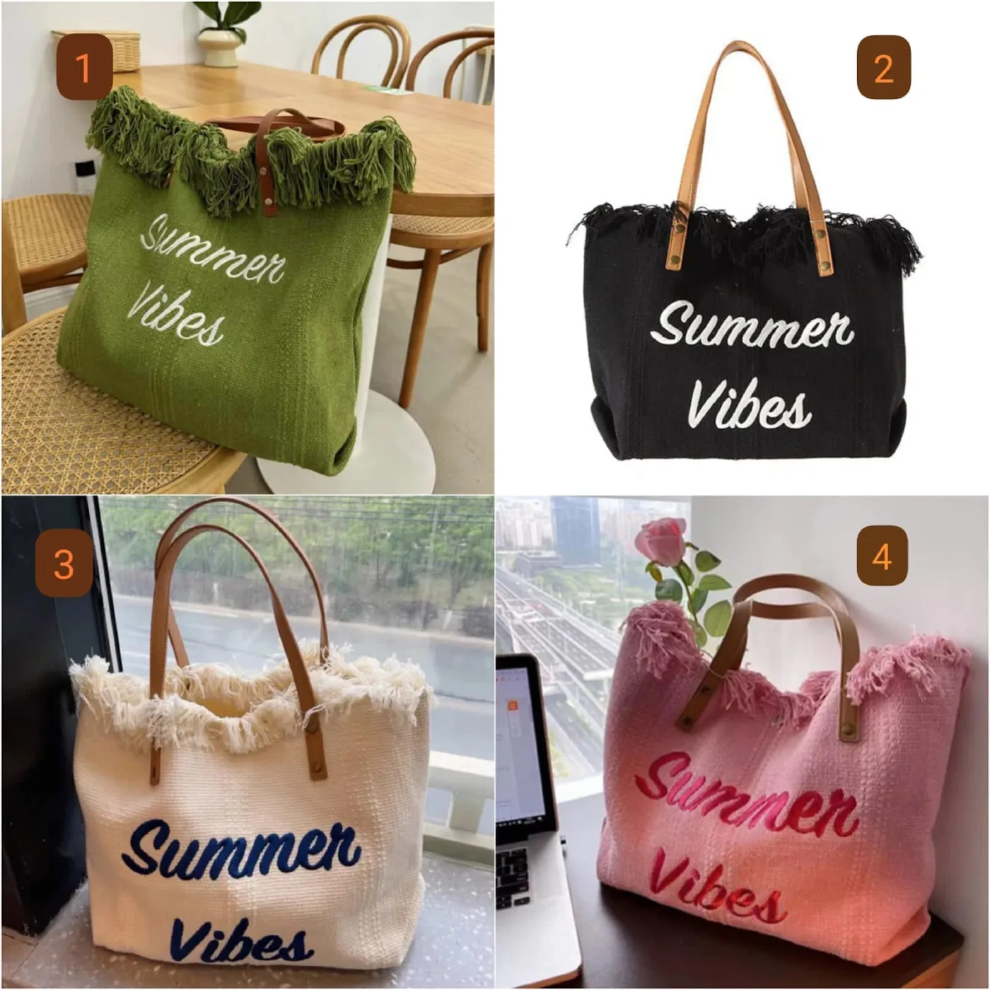 Summer Vibes linen tote bags in green, black, cream and pink