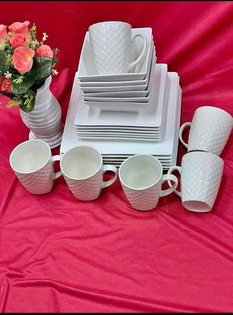 White Square Dinner Set with Mugs
