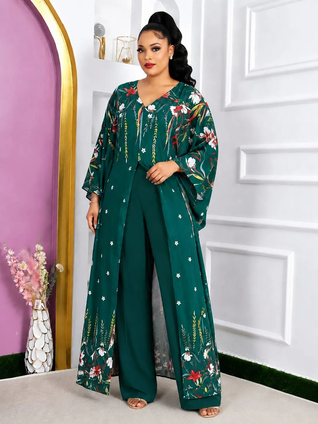 Floral Embellished Kaftan & Trouser 2-Piece Set (Plus Size) - Image 7