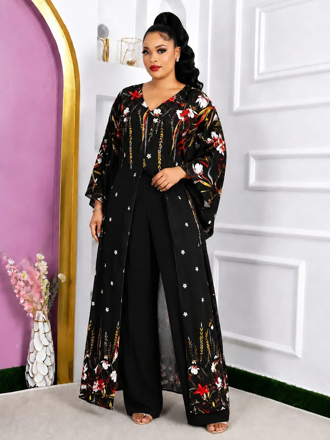Floral Embellished Kaftan & Trouser 2-Piece Set (Plus Size)