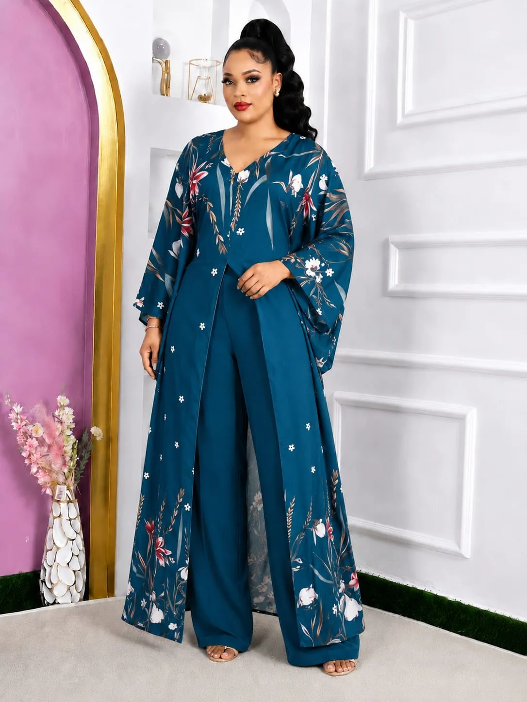 Floral Embellished Kaftan & Trouser 2-Piece Set (Plus Size) - Image 2