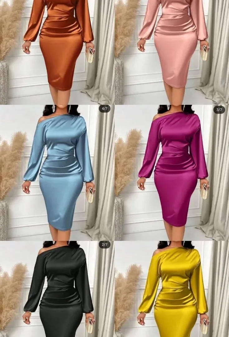 Women's Elegant Satin Off-Shoulder Ruched Midi Dress