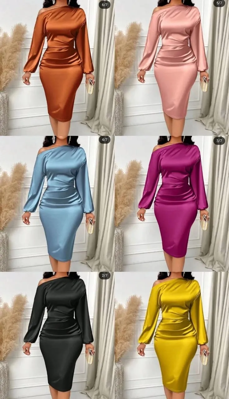 Women's Elegant Satin Off-Shoulder Ruched Midi Dress