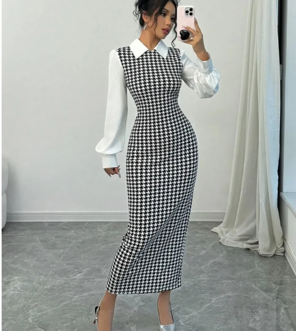 Women's Elegant Houndstooth Contrast Sleeve Midi Dress